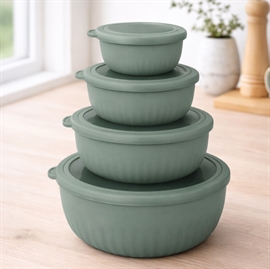 Skålsett med lokk i rund form 4 stk. i plast, grønn