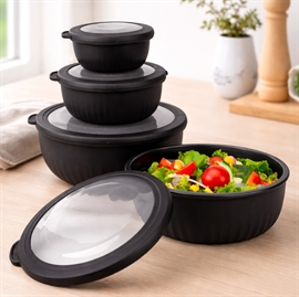 Skålsett med lokk i rund form 4 stk. i plast, svart