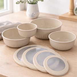 Skålsett med lokk i rund form 4 stk. i plast, beige