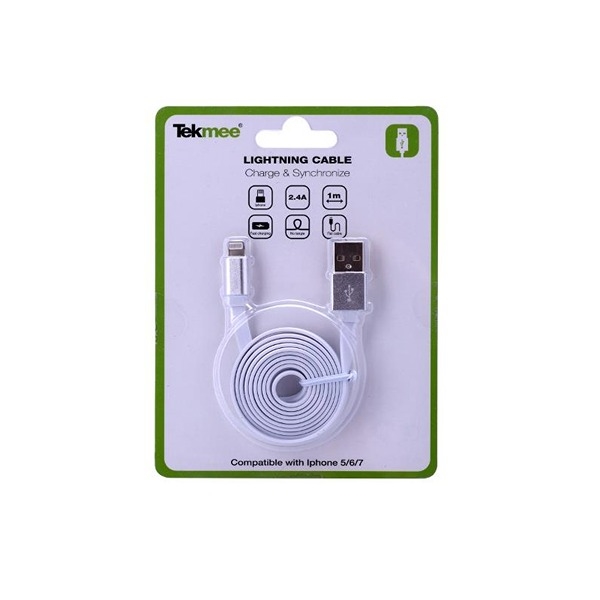 Tekmee Lightning-kabel for iPhone 1m flat hvit