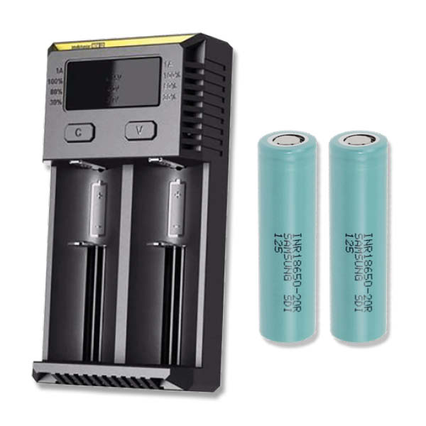 Nitecore NEW I2 lader + 2 stk. Samsung INR18650-20R 2000mAh Li Ion-batterier