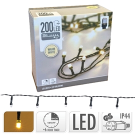 Lyskjede med timer 200 LED Varm Hvit (20 meter)