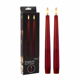 LED Stakelys med 3D-Flamme Mørkerød H: 24,5 cm, 2 stk.