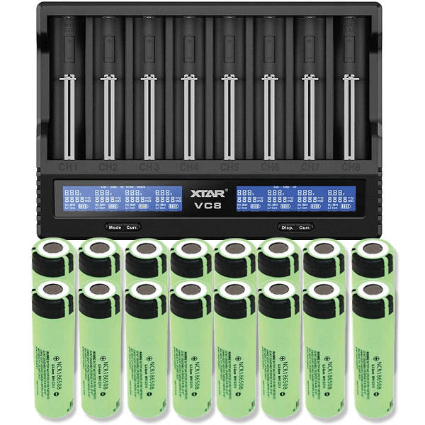 Xtar VC8S Li-ion & NiMH/NiCd batterilader + 16 stk. Panasonic NCR18650B 3400mAh Li Ion-batterier