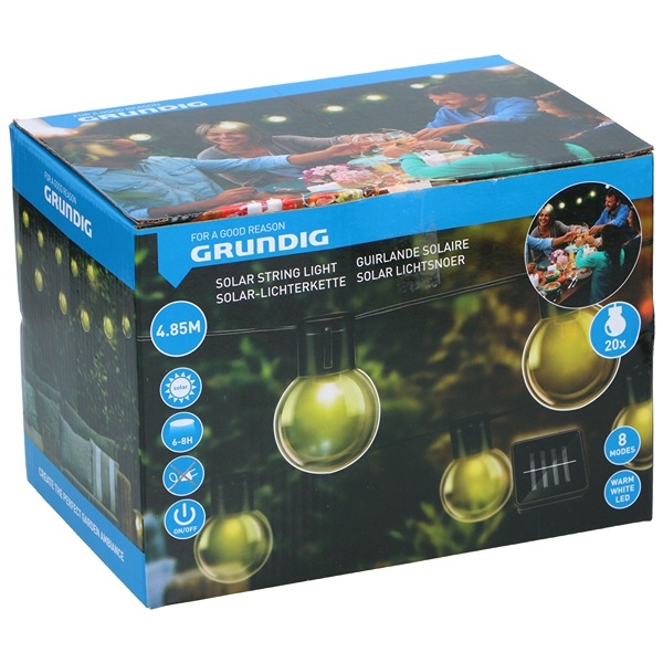 Grundig LED Party Solar String Light 2,85 m 20 LED-pærer, Varmhvit 