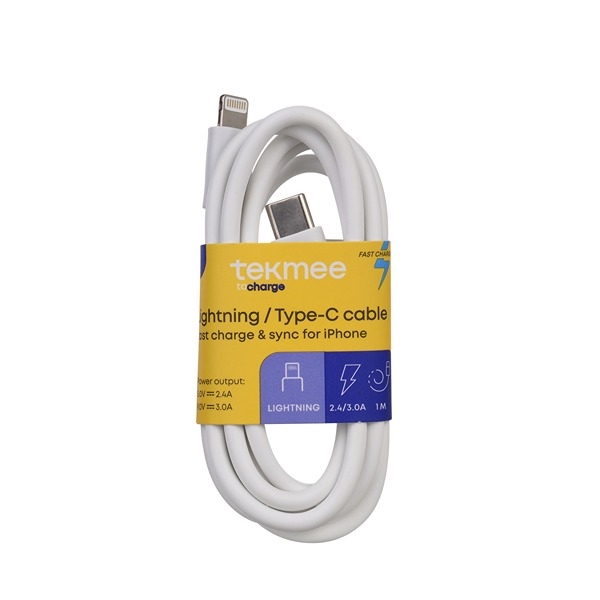 Tekmee 1 meter ladekabel, Lightning til Type-C, Hvit