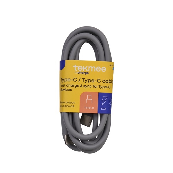 Tekmee 1 meter ladekabel, Type-C til Type-C, Grå