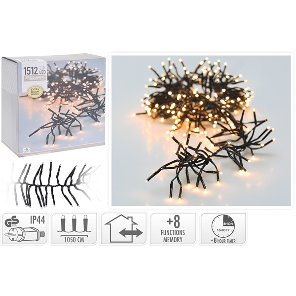 LED Cluster String Lights 10,5 m 1512 LED, Ekstra Varm Hvit