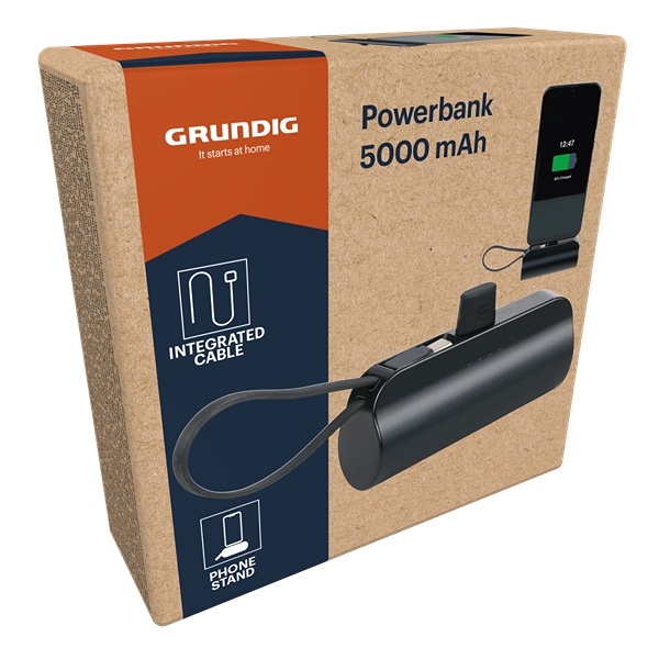 Grundig Powerbank 5000mAh Kraftig Mini-lader med Kabel, Sort