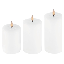 3-pakning LED blokklys 7,5 x 10, 12,5 og 15 cm vokslys med resin, hvit