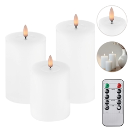 3-pakning LED Blokklys 7,5 x 10, 12,5 og 15 cm Vokslys med Resin, Hvit