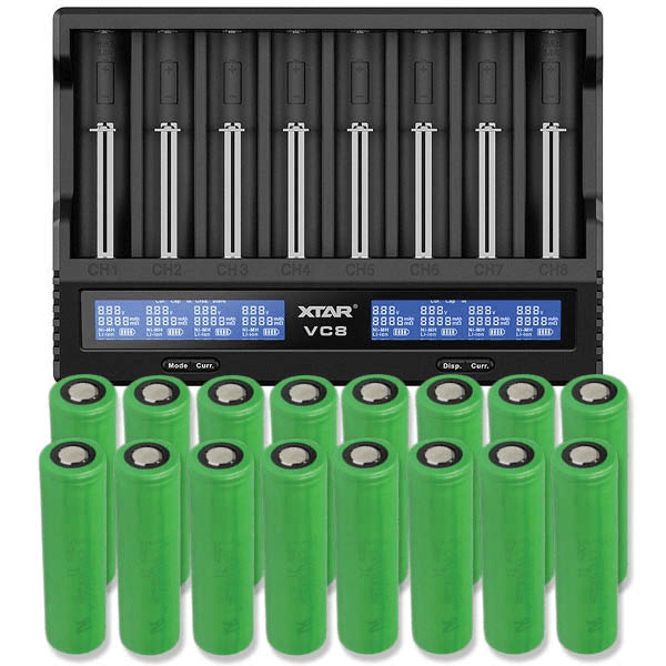 Xtar VC8S Li-ion & NiMH/NiCd batterilader + 16 stk. Sony US18650VTC5 2600mAh Li Ion-batterier
