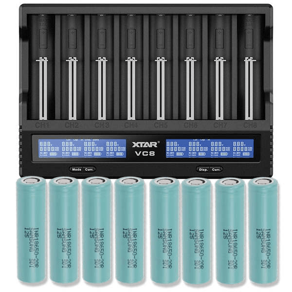 Xtar VC8S Li-ion & NiMH/NiCd batterilader + 8 stk. Samsung INR18650-20R 2000mAh Li Ion-batterier