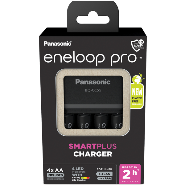 Panasonic Eneloop BQ-CC55E batterilader + 4 x AA Eneloop Pro