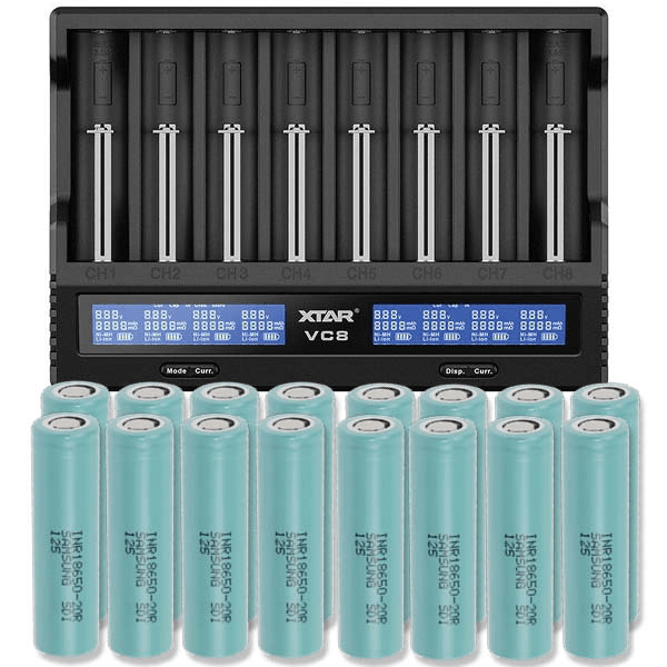 Xtar VC8 Li-ion & NiMH/NiCd batterilader + 16 stk. Samsung INR18650-20R 2000mAh Li Ion-batterier