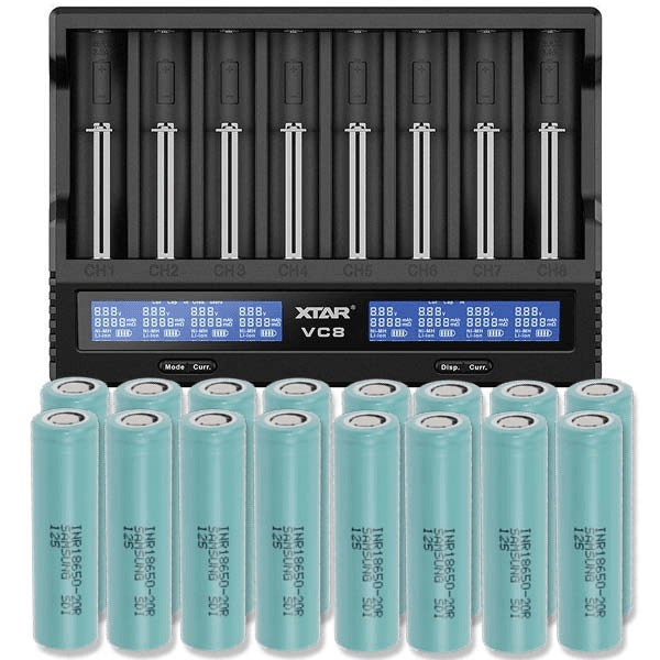 Xtar VC8S Li-ion & NiMH/NiCd batterilader + 16 stk. Samsung INR18650-20R 2000mAh Li Ion-batterier