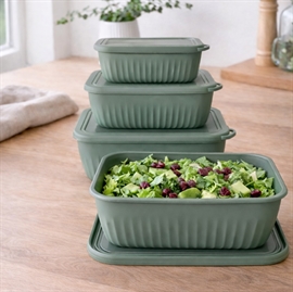 Skålsett med lokk i rektangulær form 4 stk. i plast, grønn