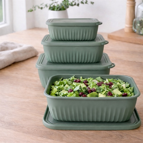 Skålsett med lokk i rektangulær form 4 stk. i plast, grønn