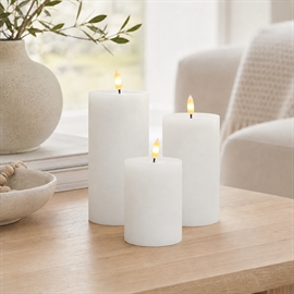 3-pak LED Blokklys Ø: 7,5 x H: 10, 12,5 og 15 cm Rustikk Vokslys med Resin, Whisper White