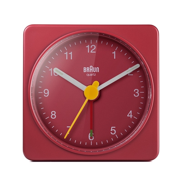 Braun BC02R analog reisevekkerklokke med selvlysende visere, rød