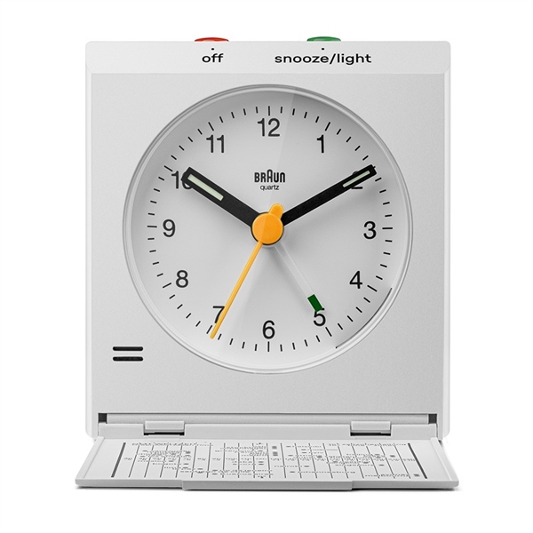 Braun BC05W Analog reisevekkerklokke med klaff, hvit