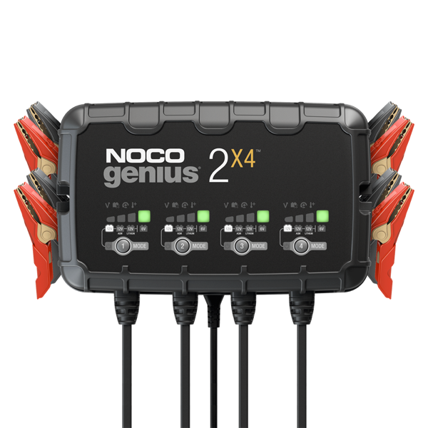 Noco Genius 2x4 lader 2Ah 6/12V kan lade opp 4 batterier