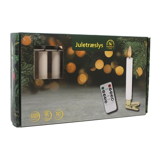 Juletrelys med 3D Flamme og Holder 10 stk. og Fjernkontroll, Hvit