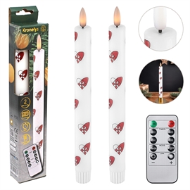 LED Kronelys 25 cm 2 stk. Vokslys med Julehjerter og Timer, Hvit/Rød