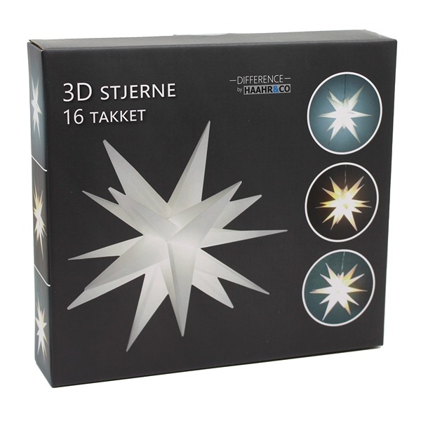 3D LED Julestjerne 35 cm 16 Takket Stjerne med Timer, Hvit
