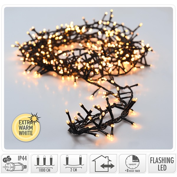 LED lyslenke 10 m 500 LED med Timer og Blink, Ekstra Varm Hvit