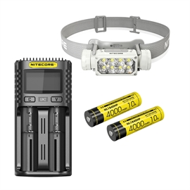 Nitecore HC65 UHE, Grå hodelykt - Sett med 1 stk. Ekstra NL1840HP Batteri og UM2 Lader