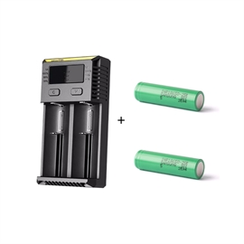 Nitecore NEW I2 Lader med Samsung INR18650-25R 3,6 volt Li-Ion batteri 2500mAh, 2 stk.