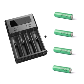 Nitecore NEW I4 Lader med Samsung INR18650-25R 3,6 volt Li-Ion batteri 2500mAh, 4 stk.