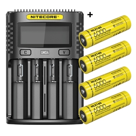 Nitecore UMS4 lader + Nitecore 21700 NL2160 6000mAh Li Ion batterier, 4 stk.