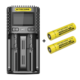 Nitecore UMS2 Lader + Nitecore 18650 NL1840 4000mAh Li Ion batterier, 2 stk.