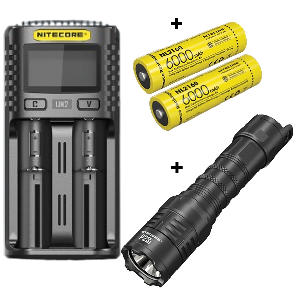 Nitecore UM2 Lader + Nitecore 21700 NL2160 6000mAh Li Ion batterier & P23i