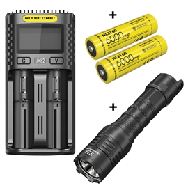 Nitecore UM2 Lader + Nitecore 21700 NL2160 6000mAh Li Ion batterier & P23i