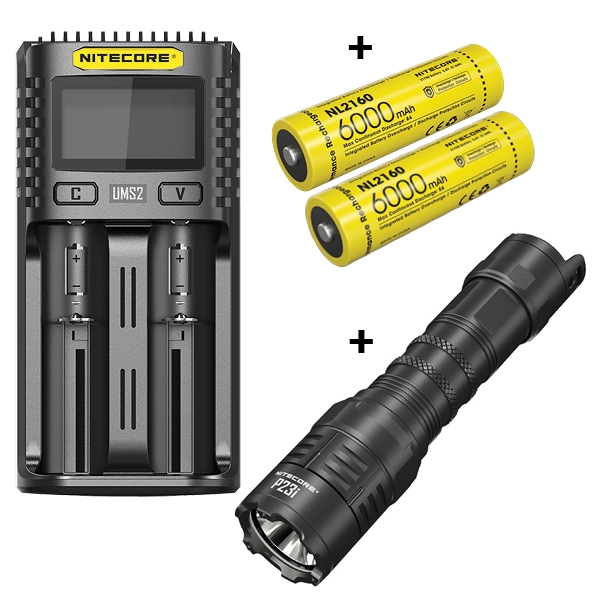 Nitecore UM2 Lader + Nitecore 21700 NL2160 6000mAh Li Ion batterier & P23i