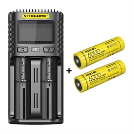 Nitecore UMS2 Lader + Nitecore 21700 NL2160 6000mAh Li Ion batterier, 2 stk.