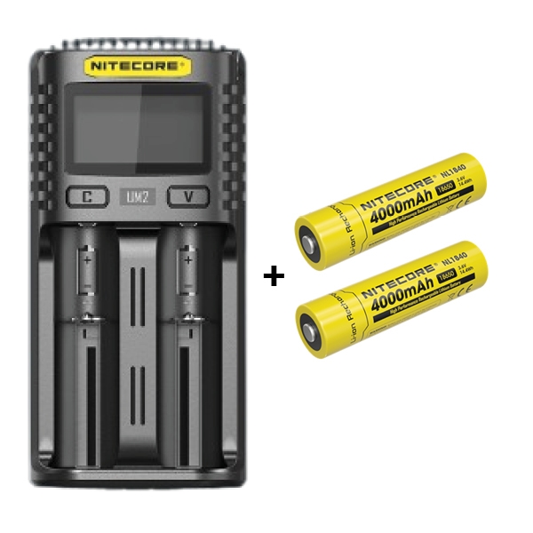 Nitecore UM2 Lader + Nitecore 18650 NL1840 4000mAh Li Ion batterier, 2 stk.