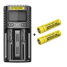Nitecore UM2 Lader + Nitecore 18650 NL1840 4000mAh Li Ion batterier, 2 stk.
