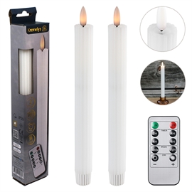 LED Kronelys 25 cm 2 stk. Riflede Vokslys med Resin, Hvit