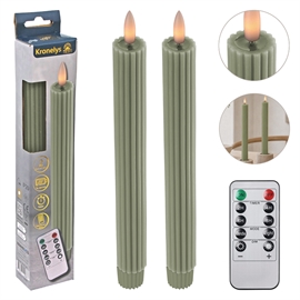 LED kronelys 25 cm 2 stk. Riflede vokslys med resin-topp, sage grønn