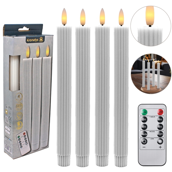 Riflet LED-kronelys Hvit H: 25 cm 3D-Flame & Fjernkontroll, 4 stk.