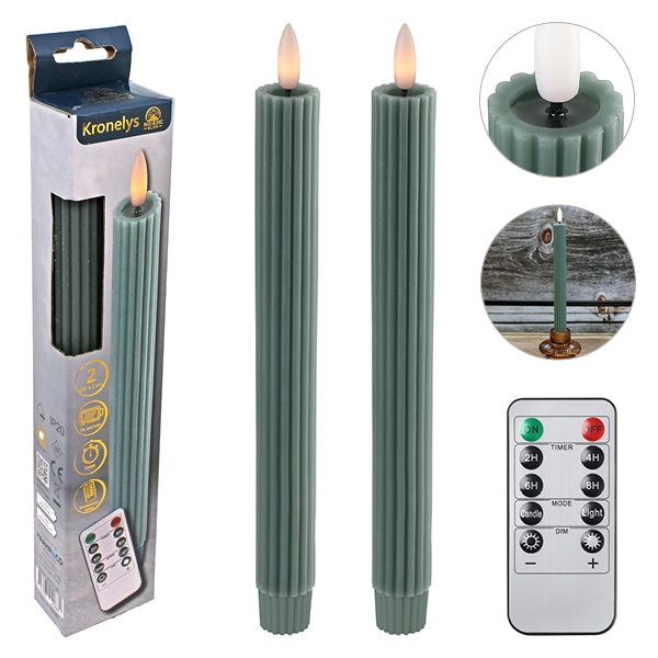 LED Kronelys 25 cm 2 stk. Riflede Vokslys med Resin Top, Laurbærgrønn