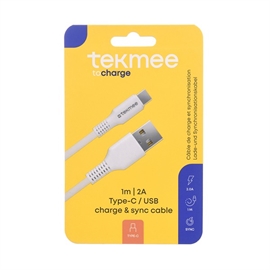 Tekmee 1 meter ladekabel, Type-C til USB-C, hvit